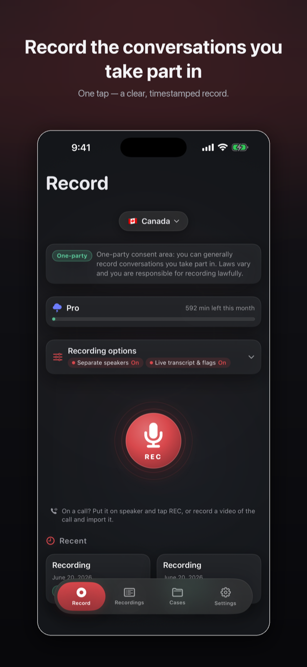 Vocert record screen with consent area and one-tap recording