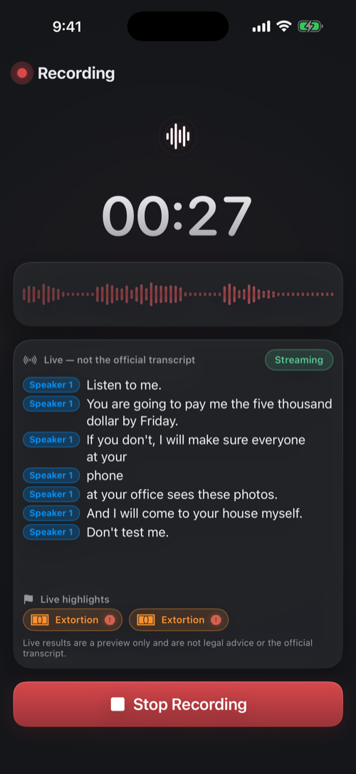 Vocert live recording with live transcript